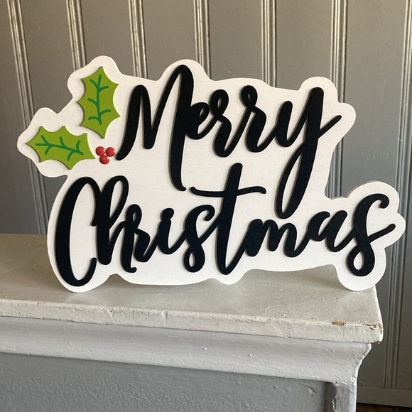 NWT- 15x17- White & Black Merry Christmas Wooden Decor Sign with beaded hanger - Picture 10 of 17